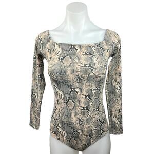 Bershka Gray Animal Snakeskin Print Square Neck l Long Sleeve Bodysuit Top Sz M
